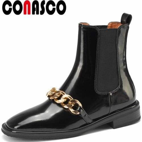 CONASCO Concise Women Ankle Boots Autumn Winter Warm Cow Leather Wedding Party Basic Prom Office Boots Brand Design Shoes Woman