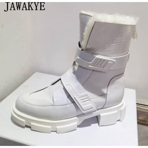 Magic Tape Platform Wool Boots for Women White Black Genuine Leather Thick Sole Short Women Boots Warm Heightened Winter Shoes