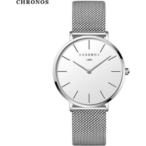 CHRONOS Women Glass Watch Simple Dial Fashion Unisex Casual Stainless Steel Mesh Strap Silver Clock Relogio Feminino CH3301