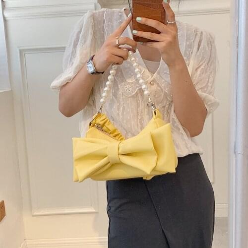 PU Leather Womens Handbags Pearls Chain Bowknot Ladies Underarm Bag Luxury Designer Female Small Shoulder Bags Clutch Purses