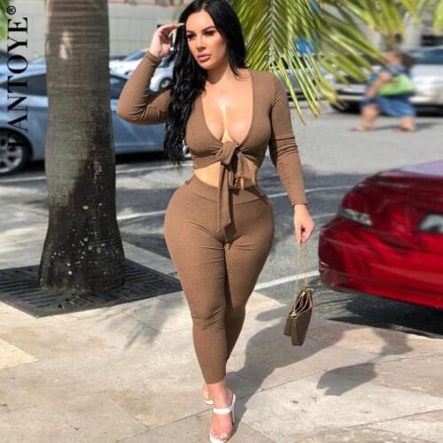 FANTOYE Sexy Ribbed Long Sleeve Bow Women Two Pieces Suits Skinny V Neck Top Long Pants Sets Clubwear Ladies Tracksuits Autumn