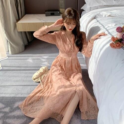 Big Swing Casual Elegant Pink Dress Summer 2020 Long Sleeve Singer Breasted Lace Dress Woman Sheer Birthday Dress for Women Robe