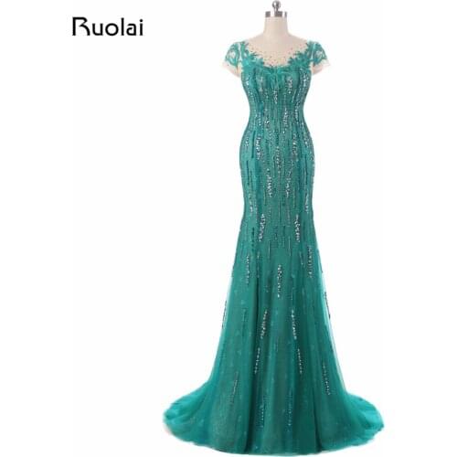 Real Picture 2019 Green Mermaid Evening Dresses Scoop Sequined Embroidery Tulle Prom Dress Long Evening Party Dress ASAE43