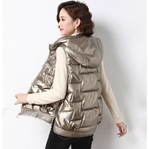 Winter Womans Glossy Hooded Jacket Vest Ladies Casual Loose Zipper Sleeveless Waistcoat Female Solid Cotton Padded Vests Z960