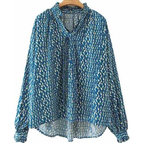 ZXQJ Women 2021 Fashion Totem Print Loose Asymmetric Linen Blouses Vintage Long Sleeve Female Shirts Chic Tops