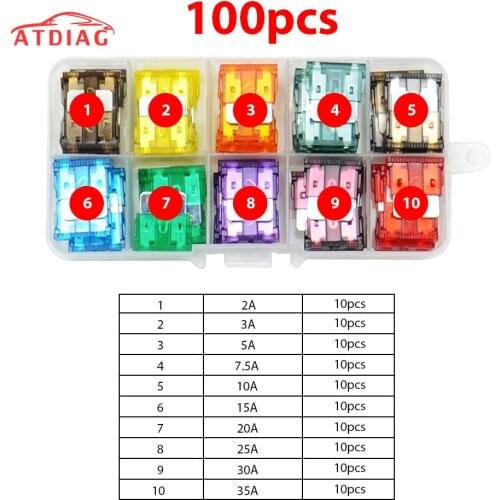 100/50Ps Medium Size Blade Type Car Fuse Assortment Set Auto Car Truck 2.5/3/5/7.5/10/15/20/25/30/35A Fuse with Box Clip