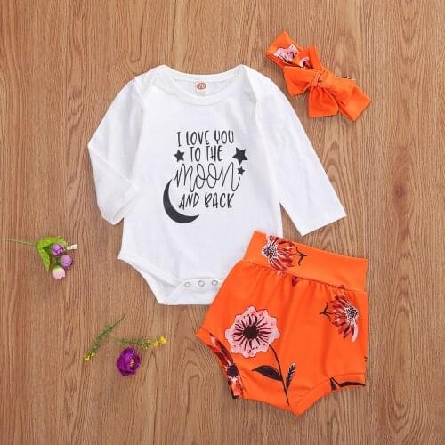 3Pcs Newborn Baby Outfits Long Sleeve Round Neck Letter Romper Floral High Waist Shorts Bow Headband Cute Baby Girl Clothes Set