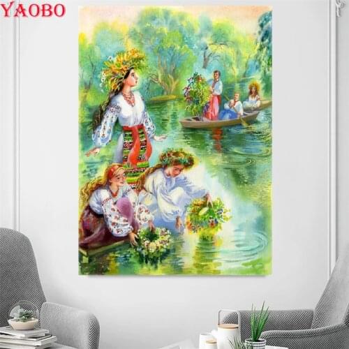 Yaobo 5D DIY Diamond Painting Girls playing by the lake Full Square Drill New Arrival Mosaic Embroidery Rhinestone Picture Decor