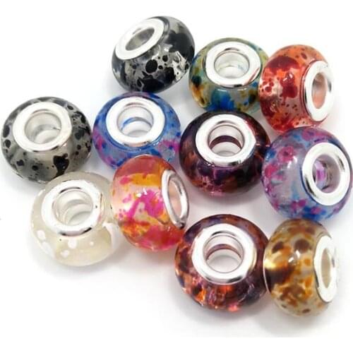 Free shipping 50pcs 9x14mm silver color core big hole colorful painting resin beads fit European bracelet DIY