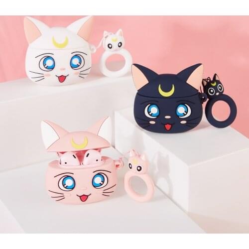 For AirPods Case Kawaii Anime Cat Earphone Cases For Apple Airpods 1 2 pro Protect Cover with Finger Ring Strap pink