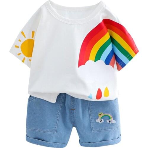 Kid Boys Clothes Sets 2021 Summer T-Shirt Rainbow Print Short Sleeve Denim Shorts Casual Suit 2PC Baby Costume Children Clothing