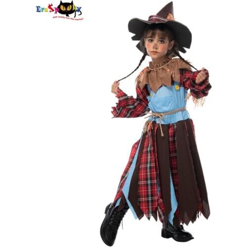 Eraspooky Retro Scarecrow Cosplay Dress Girls Straw Man Hat Halloween Costume For Kids Christmas Party Stage Fancy Dress