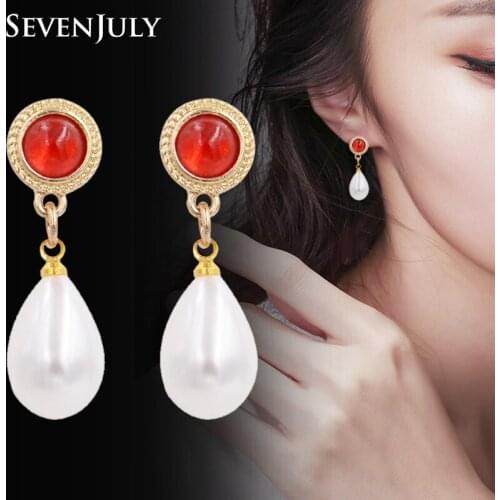 Elegant Red Crystal Rhinestone Dangle Earrings Teardrop Pearl Women Fashion Jewelry Vintage Accessory