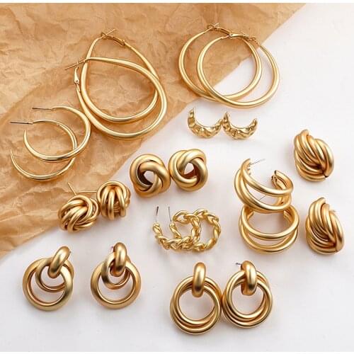 Lifefontier Gold Color Metal Drop Earrings C-type Hoop Twist Earrings Irregular Statement Round Water Drop Geometric Jewelry