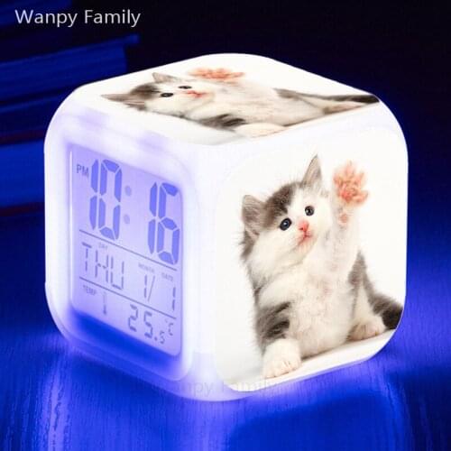 Cute Cat Alarm Clock 7 Color Glowing LED Digital Alarm Clock Kids Multifunction Touch Sensing Electronic Clock for kids gift