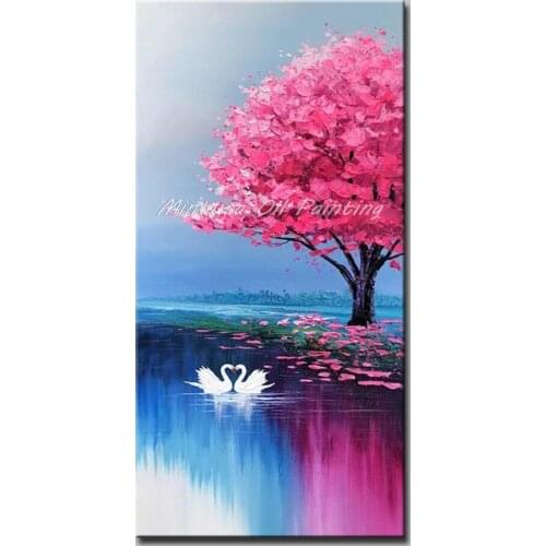 Mintura Oil Paintings on Canvas Handmade Acrylic Canvas Maple and A Pair of White Swans Morden Canvas Art Wall Sticker No Framed