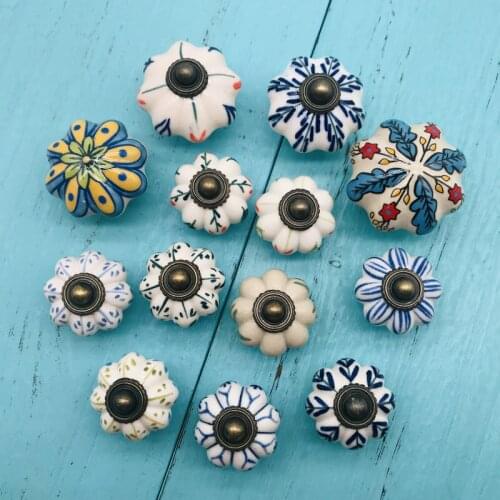 Multi Color Ceramic Door Knob - 1 Pc Handmade Pumpkin Cabinet Knobs with Blue & White Leaf Kitchen Cupboard Door Dresser Knobs