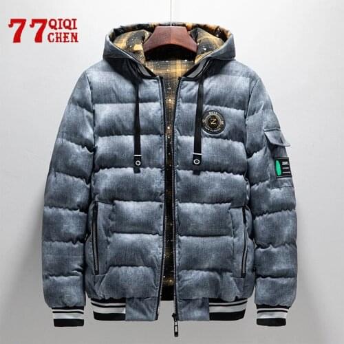 Mens Windproof Hooded Parka Thick Cotton Warm Double-sided Slim Jacket Winter Casual Zipper Windproof Cotton Coat Male New