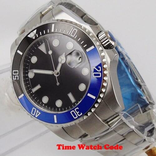 43mm Bliger Automatic Mens Wristwatch NH35 Black sterile Dial Date Magnifier Sapphire glass luminous blue-black ceramic bezel