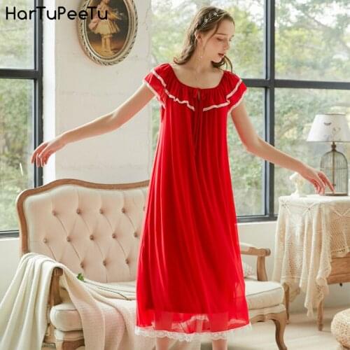 Nightdress Female Sexy Cotton Short-Sleeved Princess Lace Court Retro Nightwear Modal Loose Sleepwear Home and Outside Wear