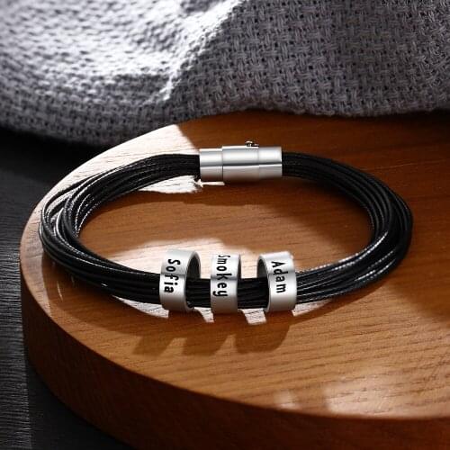Personalized Custom 3 Beads Rope Braided Leather Bracelets for Men with Magnetic Clasp ID Bracelets Fashion Charm Jewelry
