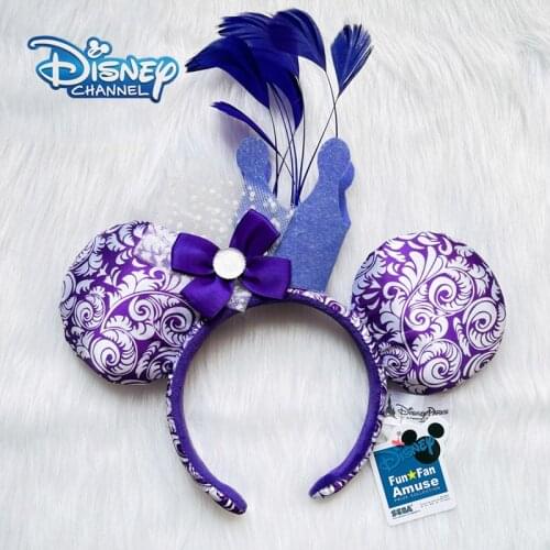 Disney Mickey Ears Headbands Purple Fashion Feather With Diamonds Bow Headwear Headdress Cosplay Plush Kids Cotton Headband Gift