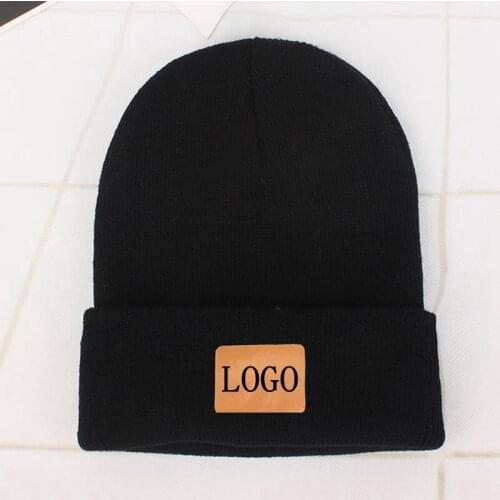 MYZOPER Leather Print LOGO Customize Unisex Beanie Solid Color Print Picture Ad Outdoor Keep Warm Ski Cap Winter Hat