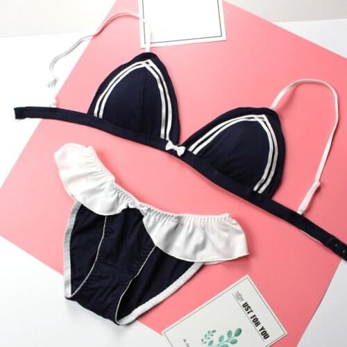 Navy Sailor Theme Cute Womens Japanese Bra & Panties Set Milk Silk Wirefree Soft Underwear Sleep Intimates Set Cute