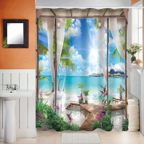 Tropical Bay Printed Polyester Curtain Bathroom Partition Decoration Waterproof Shower Curtain for Living Room Home Decor