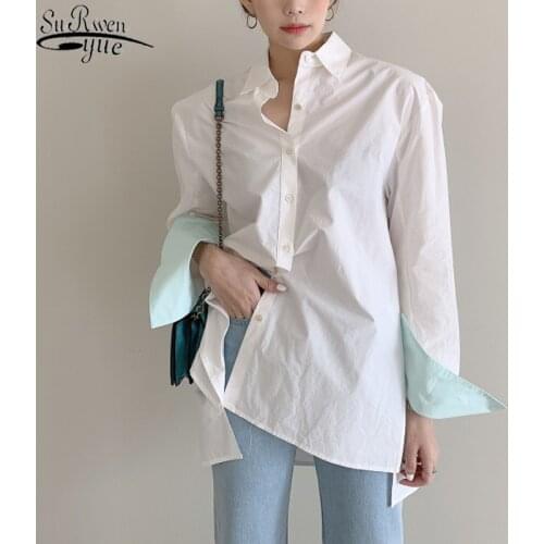 2021 Summer Womens Tops Blouses Korean Fashion Long Sleeve Shirt Loose Split OL Style Blouse Solid Office Lady Clothing 10294