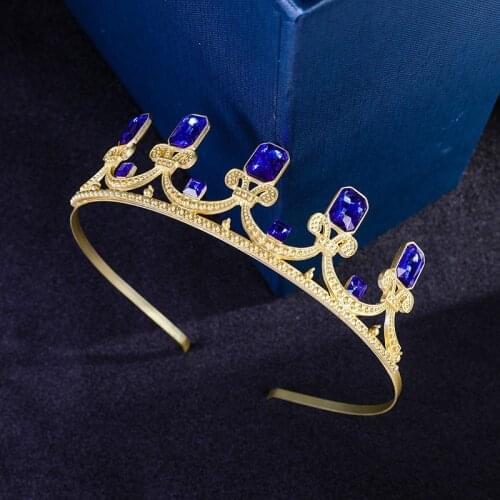 Vintage Crown Gold Wedding Bride Crown Blue Crystal Tiaras and Crowns Women Hair Band Wedding Accessories Bridal Tiara de noiva