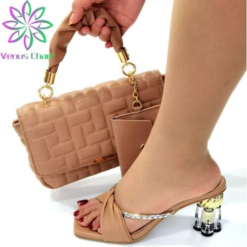 Sweet 2021 Special Design Women Shoes and Bag to Match African Style African Ladies Party Shoes Matching Bag in Khaki Color