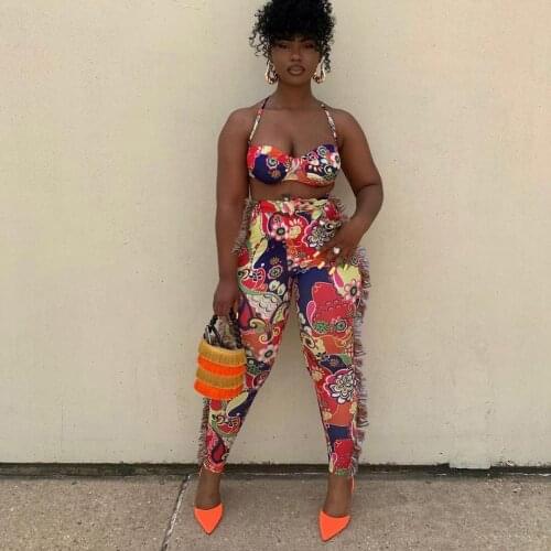 Women Two Piece Set Matching Set Cross Strap Crop Top Skinny Tassel Pants Sexy Festival Party 2021 Summer Casual Clothing Outfit