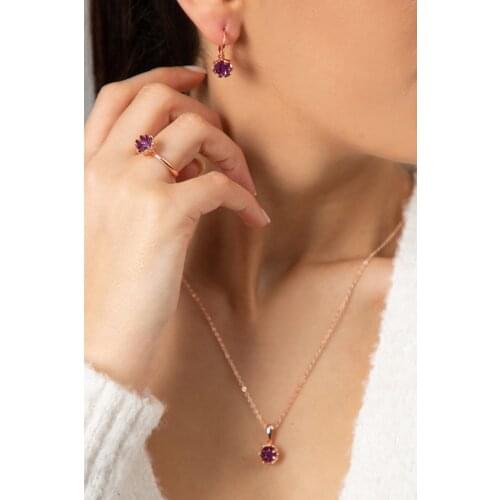 Womens Rose Purple Zircon Stone Lotus Flower Pattern Suit Set necklace ring shipping set stylish design jewelry set