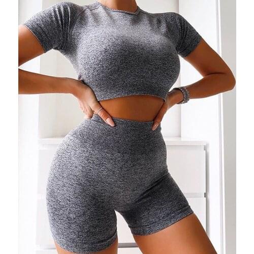 Women Short Sleeve Sport Set Seamless Sport Suit Gym Workout Clothes Fitness Crop Top Shirt High Waist Shorts Running Clothing