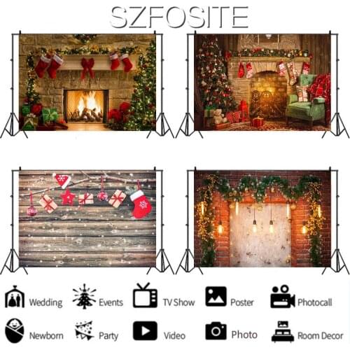 Winter Fireplace Gift Socks Tree Christmas Backdrop Holiday Party Decoration Kids Room Baby Bath Newborn Custom Background Photo