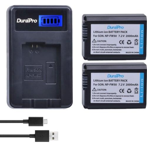 2Pc NP-FW50 2000mAh NP-FW50 Camera Battery + LCD USB Charger for Sony Alpha a6500 a6300 a6000 a5000 a3000 NEX-3 a7R