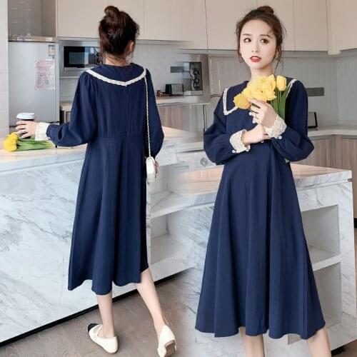 8729# Maternity Dress Spring Autumn Long Sleeve Vintage Loose Stylish Dress for Pregnant Women Mom Dress