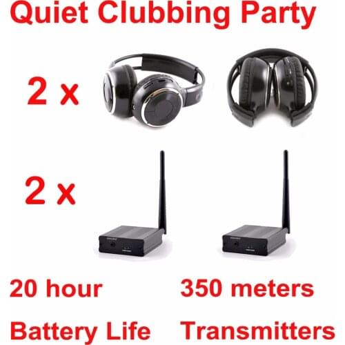 Silent Disco complete system black folding wireless headphones - Quiet Clubbing Party Bundle (2 Headphones + 2 Transmitters)