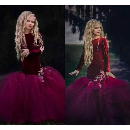Burgundy Velvet Flower Girl Dresses For Weddings Long Sleeve Lace Applique Tiered Mermaid vestidos de fiesta