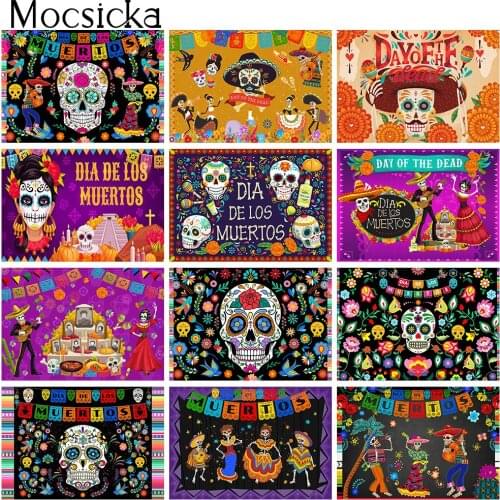 Day of The Dead Backdrop Mexican Sugar Skull Flowers Photography Background Dia DE Los Muertos Dress-up Purple Skull Floral