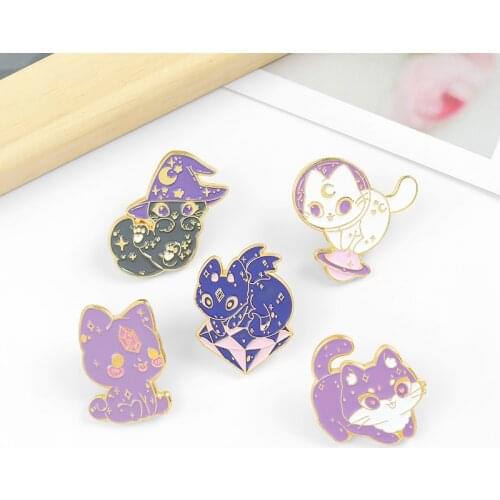 Moon Cat Enamel Pins Purple Wizard Hat Wild Witch Crystal Space Cat with Wing Kitten Brooches Magic Jewelry Gift Women Wholesale