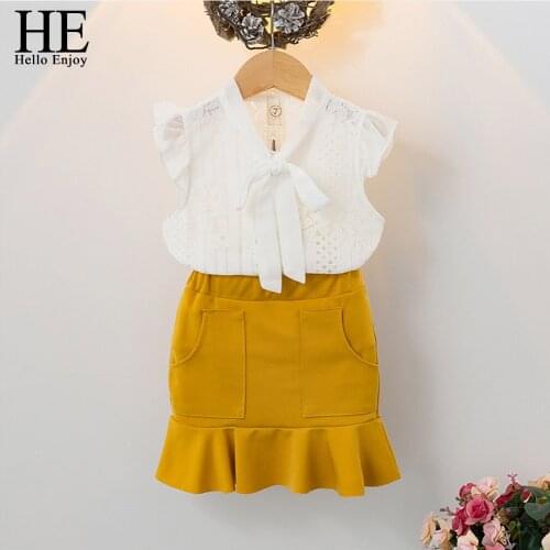 HE Hello Enjoy Baby Girls Suits Kids Clothes 2019 New Summer Lace Bow Doll Top+Hip Skirt Sets Princess Children Clothing Girls