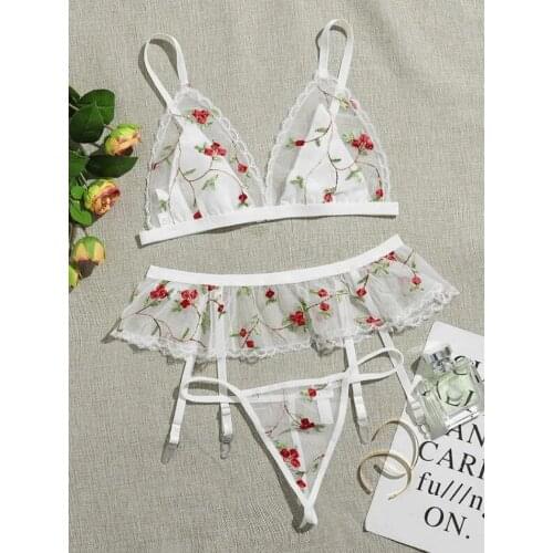 2021 Sexy Lingerie Set Floral Embroidery Sexy Bra + Brief +Garters Sexy See-through Lingerie Women Honeymoon Exotic Sets
