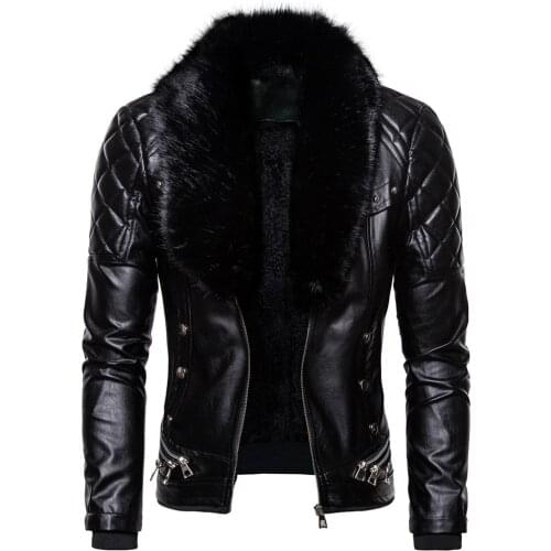 Punk Leather Jackets Mens Leather Vintage Steam Pocket Zipper Fur Collar Gothic Retro Coat Punk Style Casual Slim Jacket