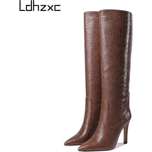 LDHZXC Big Size 34-43 New Brand Women Boots Pointed Toe Stiletto High Heels Boots Sexy Knee High Boots Women Nightclub Shoes