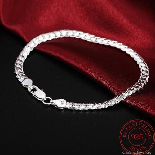 Hot Sale 925 Sterling Silver Lucky Bracelets Cuff Fashion 5mm 20cm Snake Flat Male Chain Bangle Men gift Jewelry