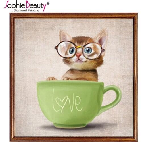 NEW 5D DIY Diamond Painting Cross Stitch Cat Picture Rhinestone Mosaic Cartoon Cat Cup Square diamond Embroidery Mosaic Pattern