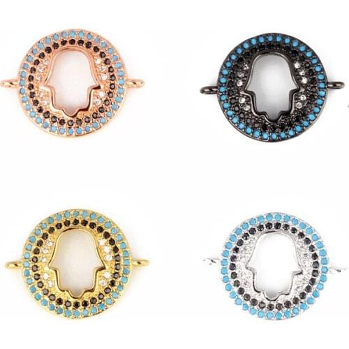 One Lots Jewelry Making Supplies Filigree Zinc Alloy Inlay Cubic Zirconia Hamsa Die Printing Round Shape New Connectors Charms