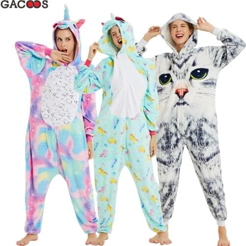 New Winter Unicorn Pajamas For Adults Kugurumi Animal Pyjamas Women Panda Stich Onesie Flannel Warm Sleepwear Unicornio Jumpsuit